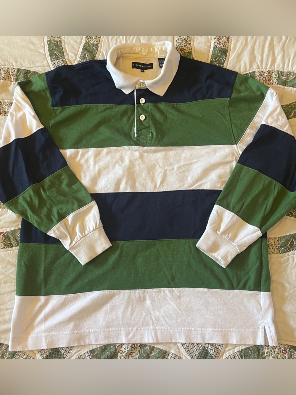 Striped Rugby Shirt Polo Green, Navy & White XXL Preppy